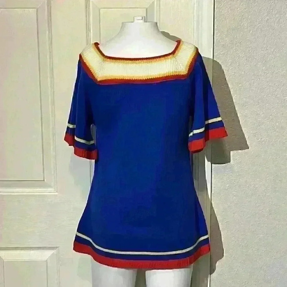 Vintage Lauren Knitwear Corp 60s 70s Cat Logo Ribbed Colorful Knit Top Blouse - Picture 2 of 6